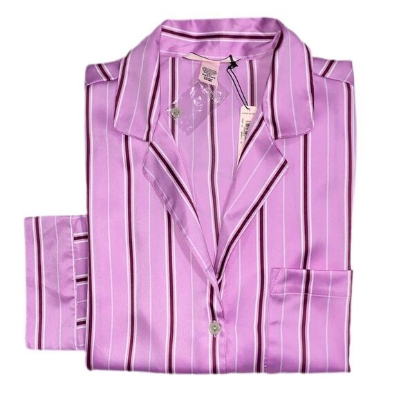 Victorias Secret SILKY SATIN Pajamas Jacket Top Only Lilac Striped - Picture 4 of 4